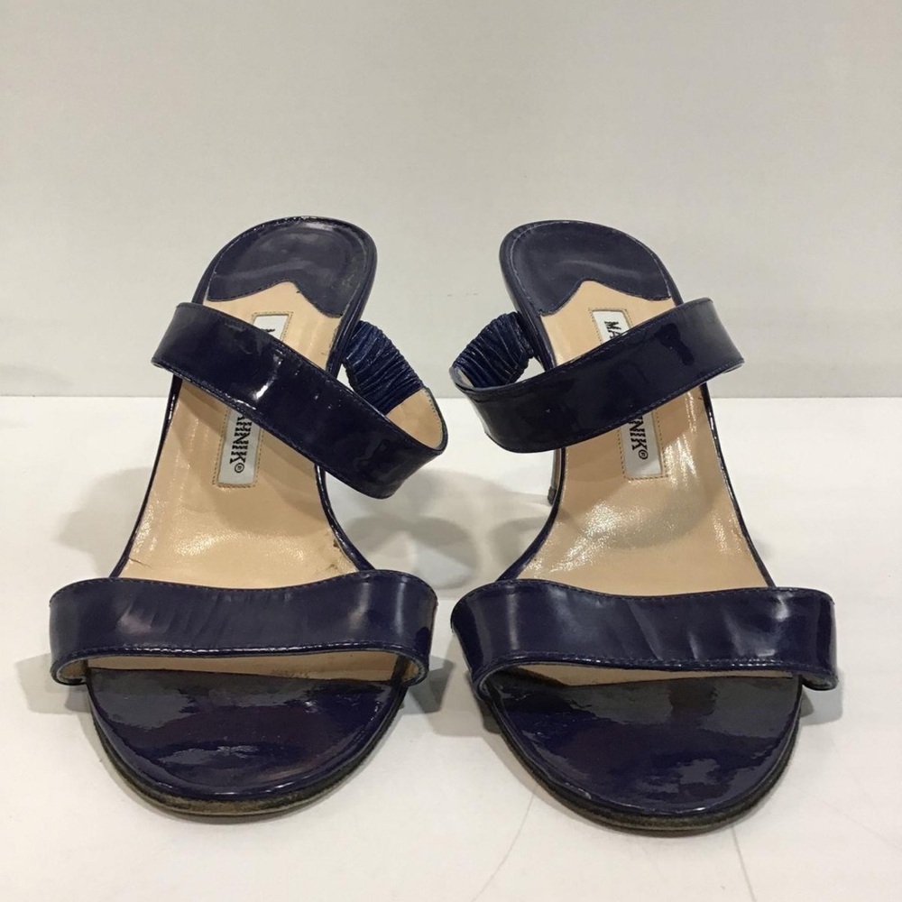 Women’s Manolo Blahnik Blue Patent Leather Double Strap High Heel Sandal 38.5